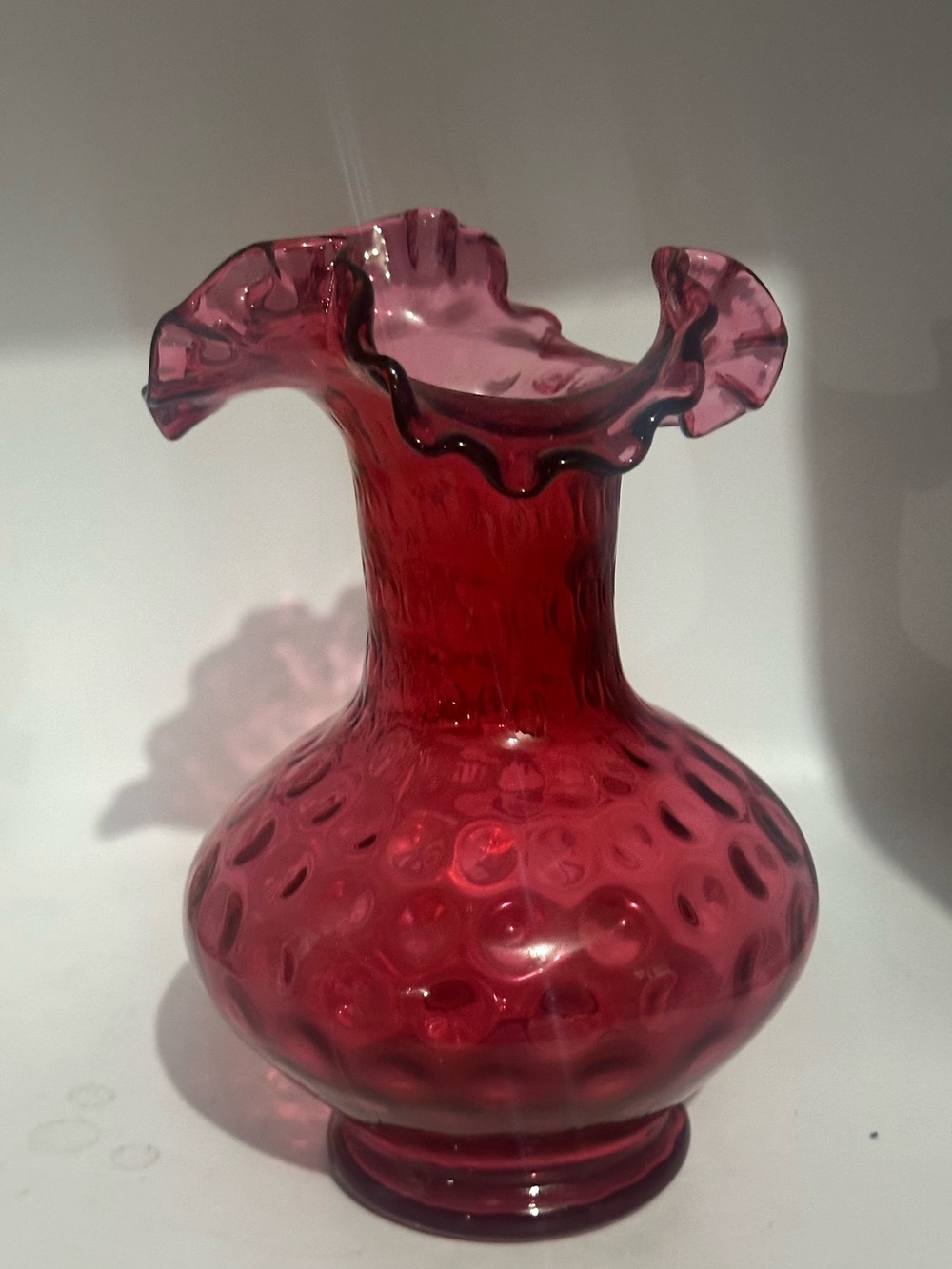Vintage fenton thumbprint Cranberry Ruffled Art Glass Vase